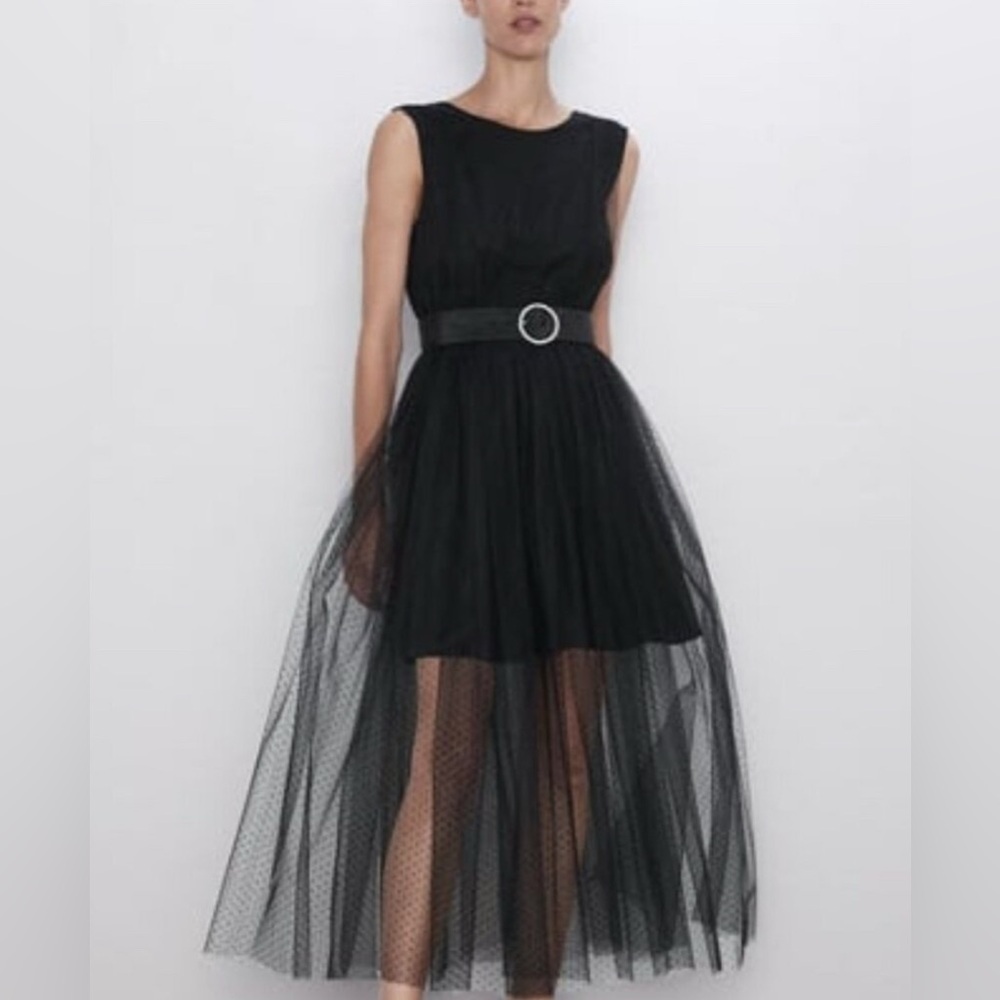 ZARA WOMAN MIDI TULLE DOTTED MESH MIDI DRESS BELT BLACK Size S 2731/254